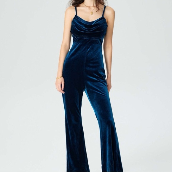 Cider Pants - Cider Women’s Velvet Cowl-Neck Jumpsuit in Teal